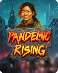 Slot: Pandemic Rising — femeie în haină roșie, oraș în fundal, temă apocaliptică modernă