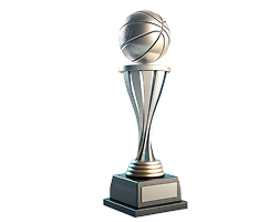 Trofeu argintiu cu minge de baschet, fundal albastru